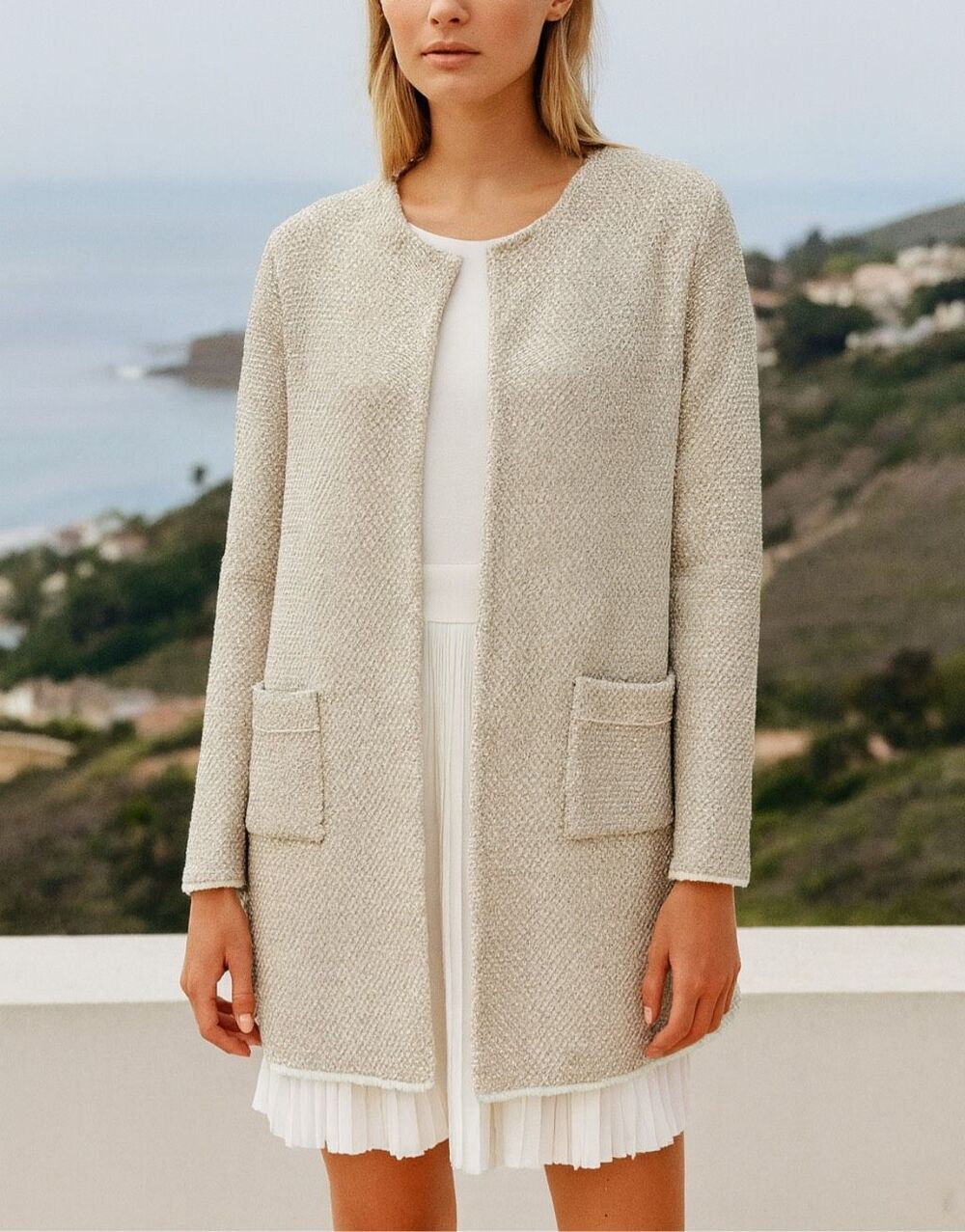 Elliatt Metallic Textured Knit Longline Cardigan Jacket Beige Silver Size S